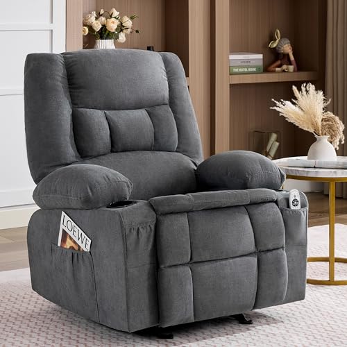 Rocker Recliner Chair with Massage and Heat, Nursery Rocking Chairs for Living Room, Ergonomic Comfy Relining Chair with Cup Holders, USB Charge Port, Side Pockets, Recliner Chair for Adults, Grey BIGGARSIT