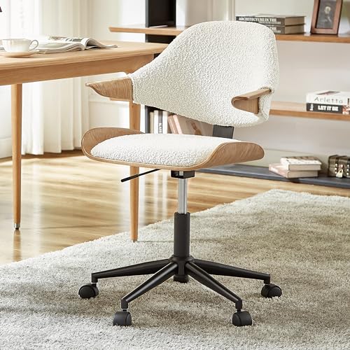 Art Leon Swivel Desk Chair, Mid Century Modern Office Chair with Wheels, Boucle Fabric Upholstered Arm Chair, Adjustable Height Task Chair with Metal Base, Washed Oak Bentwood, White Art Leon