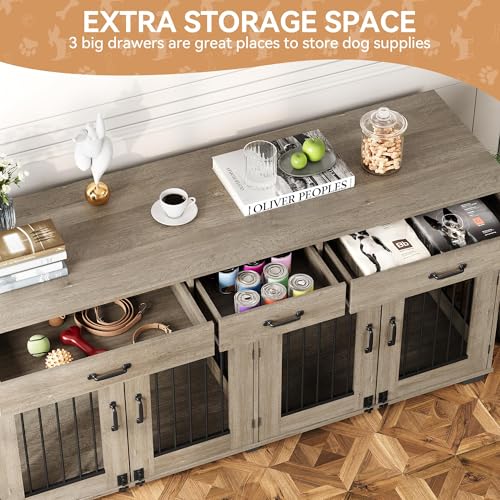 71''Wooden Dog Crate Furniture for 2 Dogs, XXL Indoor Double Dog Kennel with 3 Storage Drawers and Removable Divider, Wooden Double Doors, Large Dog Crate TV Stand End Table, Gray GarveeTech
