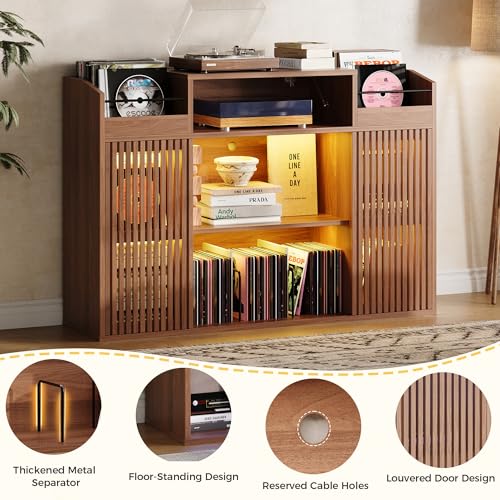 IRONCK Luxury Record Player Stand with Storage, Holds 1500+ Vinyl Records, Large Record Storage Cabinet with Sliding Doors & Charging Station & LED Light, Brown IRONCK