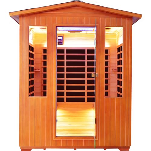 OUTEXER Outdoor 4 Person Sauna Far Infrared Saunas Dry Sauna Room Red Cedar and Canadian Hemlock Wood Wooden Sauna Spa 2600W 240V with 7 Color Light 62.2 * 46.8 * 81.9 inches OUTEXER