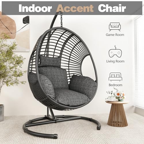 CHINNLUU Oversized Hanging Egg Chair Outdoor Wicker Swing Chair with Stand Rain Cover UV Resistant Cushion 400lbs Capacity for Patio, Garden and Balcony CHINNLUU