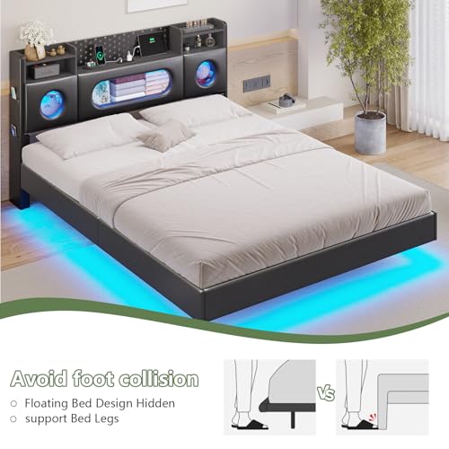 Dnxao Floating Bed Frame Queen with Headboard, Upholstered Platform Queen Bed Frame with Storage, LED Lights and Charging Station, Noise Free, No Box Spring Needed,Quick Setup System,PU Black Dnxao