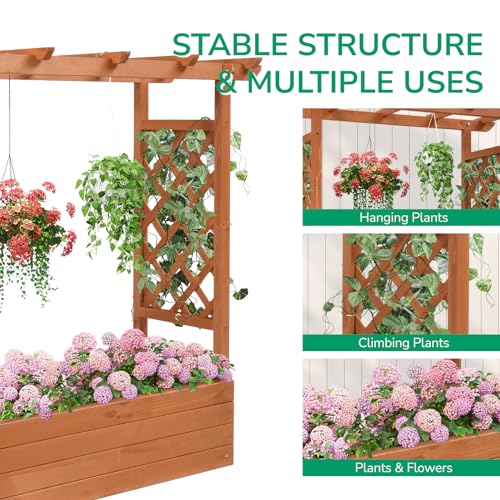 Outvita Raised Garden Bed with Trellis, Wood Planter Box with Hanging Roof, Side Trellis and Drainage Holes, Above Ground Elevated Garden Bed for Outdoor Climbing Plants Vegetables Flowers Herbs Outvita