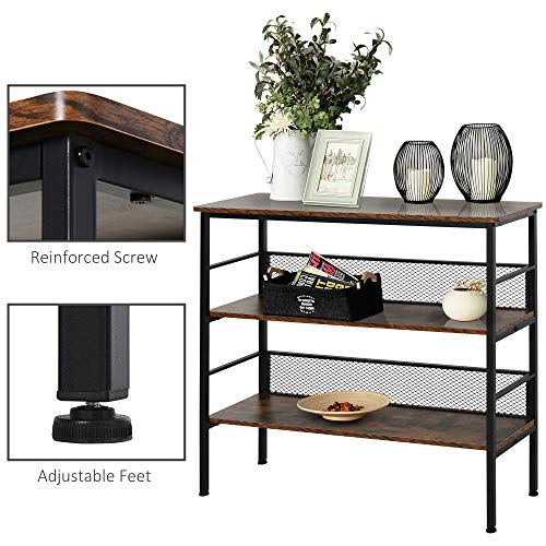 HOMCOM 3-Tier Console Table Industrial Style Storage Metal Wooden Shelf with a Robust Multi-Functional Design & Adjustable Feet, Black HOMCOM