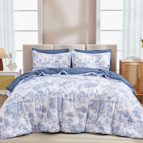 DJY Blue Comforter Set Twin Size,5 Pieces Botanical Comforters with Sheets Elegant Plants Print Soft Microfiber Reversible Complete Bedding Sets for All Season DJY