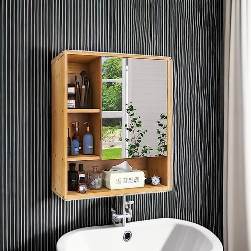 SMIBUY Bathroom Mirror Cabinet Wall Mounted, Bamboo Space Saver Medicine Cabinet, Wall Hanging Over Toilet Storage Cabinet with Mirror Door and Adjustable Shelf (Natural) SMIBUY