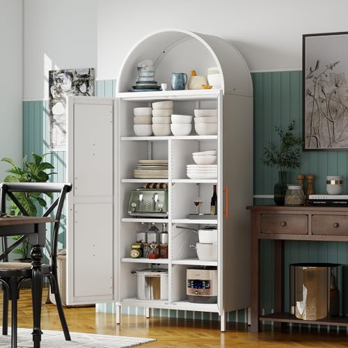 GangMei Metal 72" H Arched Pantry Cabinet with 6 Adjustable Shelves,White Arched Cabinet with 2 Doors for Kitchen Living Room,Required Assembly GangMei