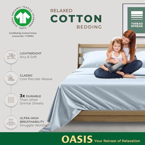 THREAD SPREAD 100% Organic Cotton Sheets King Size - 4 PC Organic Cotton King Size Percale Weave Sheet Set, Soft, Cooling & Crisp, 16" Deep Pocket Hotel Quality Bedding Set - Light Blue THREAD SPREAD