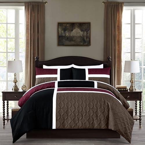 Chezmoi Collection Bernard 7-Piece California King Bed in a Bag Comforter Set with Sheets - Lightweight Comforter Burgundy Black Brown Patchwork Quilted Medallion Bedding Set for All Season Chezmoi Collection