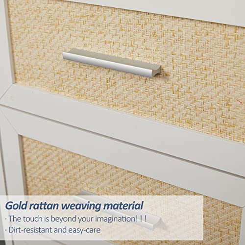 Maupvit Rattan Vanity Desk with Mirror and Lights, Boho Makeup Vanity Table Set with Nightstand, 5 Drawers & 10 Bulbs, Metal Silver Handle, 3 Open Shelves, Dressing Table with Cushioned Stool (White) Maupvit