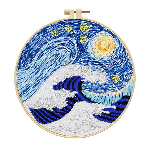 Zhenqing Wave & Starry Sky Embroidery Kit - 29x29cm Printed Fabric, Hoop & Full Tools for Beginners(S-CX0470)