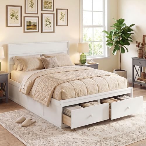 Giantex Full Size Bed Frame with Storage Drawers, Wood Platform Bed with Headboard, Solid Mattress Foundation w/Wooden Slat Support & Enclosed Base, No Box Spring Needed (White, Full) Giantex