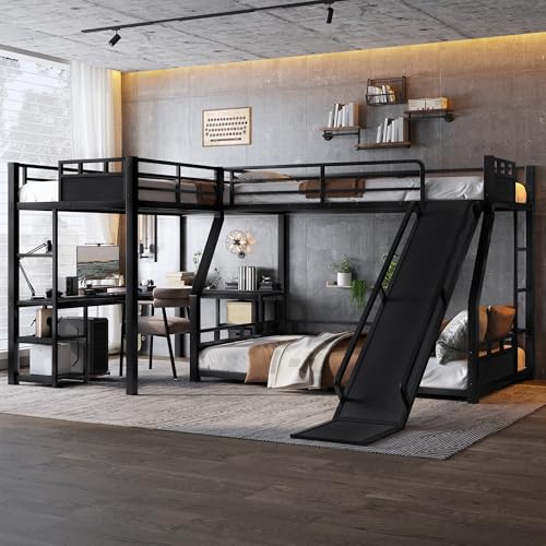 Metal Twin Over Full Bunk Beds with Twin Loft Bed, Heavy Duty Triple Bunk Bed Frame with Slide and Desk,L-Shaped Triple Bunk Beds with Storage Shelves for 3 Kids,Black Bellemave