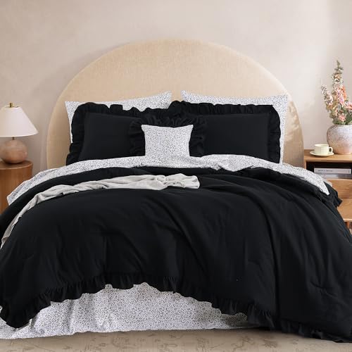 BLOOMHAVEN Full Comforter Set - 7 Pieces Ruffle Black Bedding Sets, Shabby Chic Farmhouse Bed in a Bag Full with Ruffle Comforter, Floral Sheets, Pillowcases & Shams BLOOMHAVEN