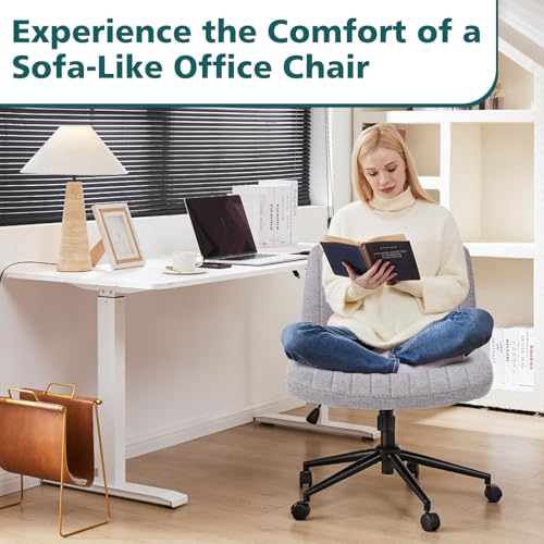 OLIXIS Criss Cross Chair with Wheels Wide Cross Legged Office Desk Vanity Chair Comfy Fabric Armless Adjustable Swivel for Home Computer Task Gray OLIXIS