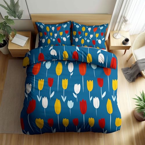 Blue Duvet Cover Set Small Single Size, 2-Piece Reversible Bedding Set, Brushed Microfiber Bedding with Zipper Closure & Corner Ties, Soft Breathable Minimalist Plants Fresh Flowers Duvet Cover Generic