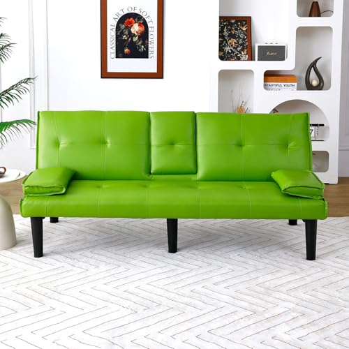 Klwenas Maec Green Futon Couch & Convertible Futon Sofa Bed for Small Space, 67" Loveseat Couches with Removable Armrests & 2 Cup Holders for Living Room Bedroom Dorm Apartment, Easy Assemble (Green) Klwenas Maec