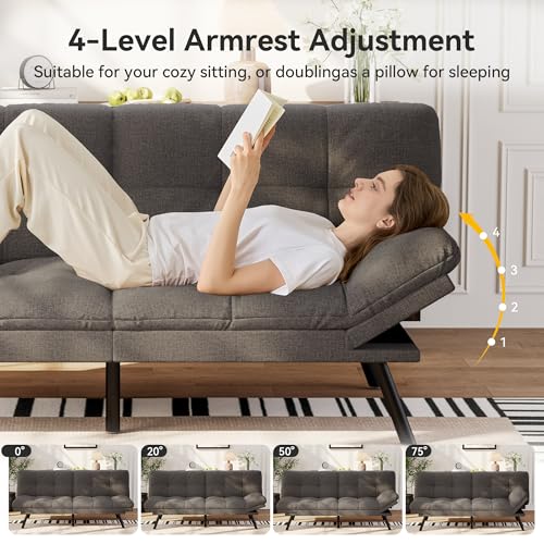Vipbear Convertible Futon Sofa Bed,Grey Linen Futon Couch with Detachable Cushion,Adjustable Backrest & Armrest,Modern Small Recliner Loveseat Sleeper Couch for Living Room,Office,Apartment Vipbear