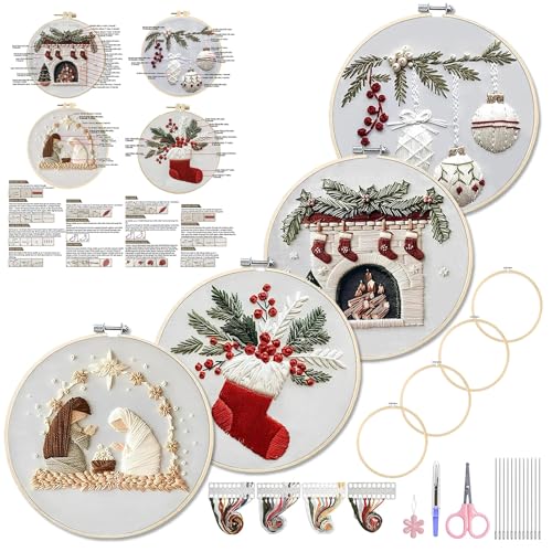 WKALXJ 4 Sets Embroidery Kits for Beginners Adults, Cross Stitch Kits, Needlepoint Kits with Instruction, Video, Needle Point Kits with Holly Fireplace Stocking Nativity Patterns (Christmas A)