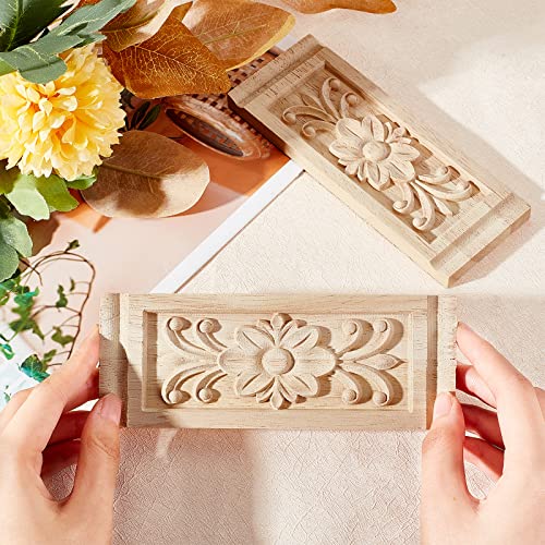 SUPERFINDINGS 2PCS Rectangle with Flower Wood Carving Decal 6.3x2.4inch Unpainted Home Furniture Applique Decor Natural Solid Wood Carved Onlay for SUPERFINDINGS