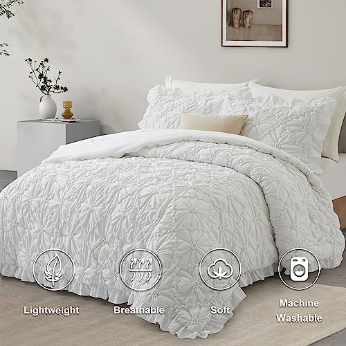 BEDAZZLED King Size Comforter Sets, White Bedding Comforter Set, 3 Pieces Pinch Pleat Bedding Sets with Comforter and Pillowcases Soft Farmhouse Shabby Chic Comforter for All Season BEDAZZLED