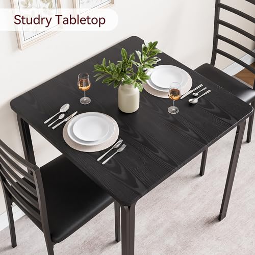ELETHEBIA Dining Table Set for 2 Person Seat,Table with 2 Upholstered Chairs - Spacious Square Rounded Corner Top, Perfect for Apartment Living Room, Dining Room, Study, and Kitchen Workspace (Black) ELETHEBIA