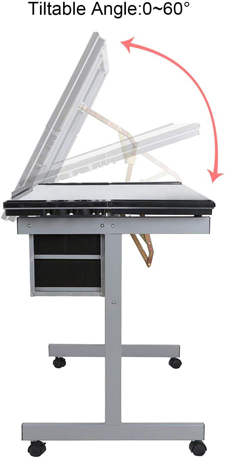 Epetlover Adjustable Drafting Table Drawing Desk Folding Tempered Glass Top Art Craft Work Station w/2 Slide Storage Drawers and Wheels Epetlover