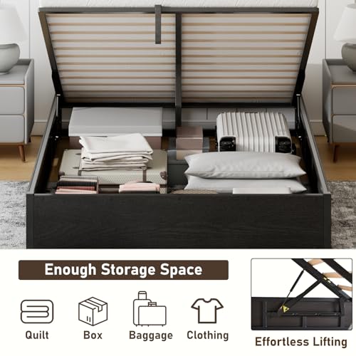 YUMPIE Queen Size Lift-Up Storage Platform Bed Frame, Metal Bed Frame with Wooden Slats Support, Spacious Underneath Storage, No Box Spring Required, Noise-Free, Black YUMPIE