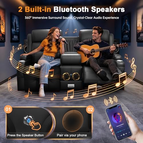 Home Theater Seating, Power Loveseat Recliner Sofa with Massage & Heating, Wall Hugger RV Couch with LED Lights & Built-in Speakers, Flip Backrest, Drawer, USB & Type-C Charging, Cup Holders, Pillows