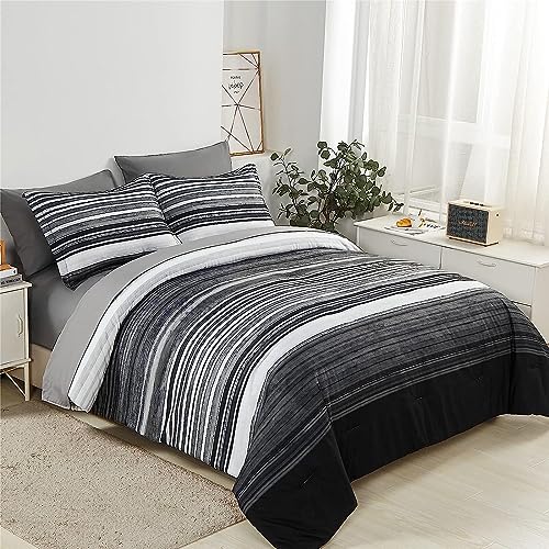 KAKIJUMN 5 Piece Bed in a Bag Stripe Comforter Set Twin Size, White Grey Black Patchwork Striped Comforter and Sheet Set, All Season Soft Microfiber Complete Bedding Sets(Grey,Twin) KAKIJUMN