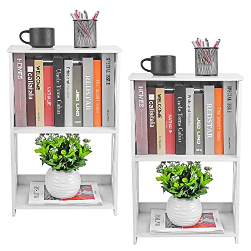 BYFU 3-Tier Side Table Set of 2, Narrow End Table with Storage Shelf, White Nightstand Bedside Table Small Bookshelf Bookcase Display Rack for Bedroom Bathroom Living Room Office BYFU