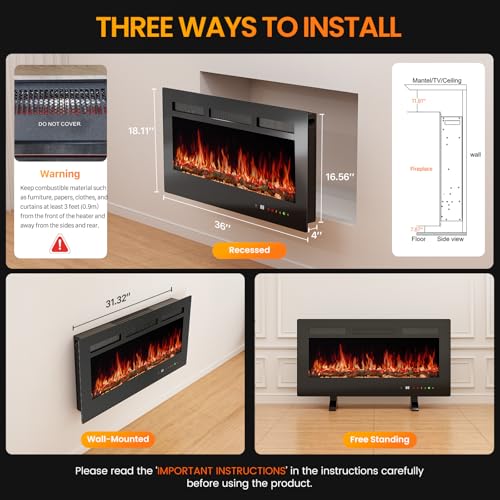 Sweetcrispy 36” Electric Fireplace Insert, Wall Mounted & Recessed Fireplace, 1500W Freestanding Fireplace Heater with Remote & Touch Panel Control, Adjustable Flame Effect, 12H Timer for Indoor use Sweetcrispy