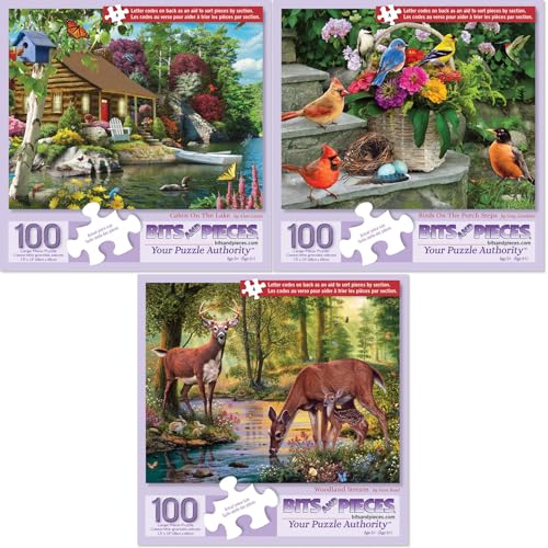 Bits and Pieces 3 Jigsaw Puzzle Set - 100 Piece Puzzles for Adults - Nature Scenes Set - 15" x 19" Jigsaw Puzzles - Birds Log Cabin Deer - Random Die Cut Pieces No 2 are Alike Bits and Pieces