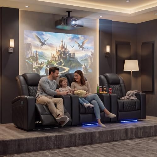 ANJ Home Theater Seating Power Recliner Set of 4 with Arm Storage, Faux Leather Recliner Sofa with LED Light, Electric Movie Reclining Chairs with USB Ports & Cup Holders for Media Living Room, Black