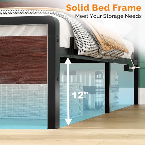 VINGLI Kids Twin Bed Frame with LED Headboard & Footboard, USB Charging Station, Metal Single Platform with 12-Inch Under Bed Storage Space for Dorm Bedroom Teen Guest Room, Mahogany Brown VINGLI