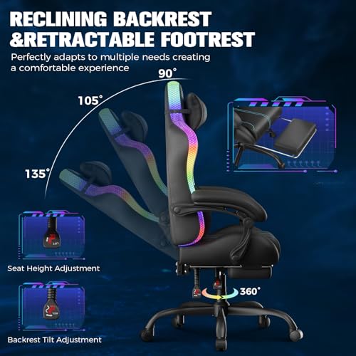 GTPLAYER Gaming Chair, Computer Chair with RGB LED Lights, High Back Ergonomic Chair for Adults with Footrest, Reclining Office Chairs, Linkage Armrest, Blue GTPLAYER