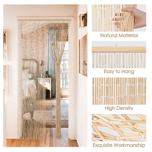 BECHAEO Handmade Bamboo Beaded Curtain for Doorway 65 Strands Door Beads Curtain Hanging Room Divider for Hallway Window Closet Boho Rustic Hippie Home Store Decor, 35.5 x 75 Inches Natural BECHAEO