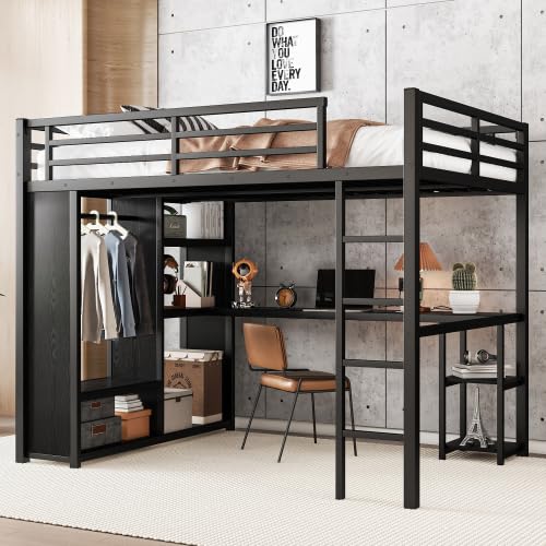 Queen Size Loft Bed with Built-in Wardrobe, Metal Loft Bed Frame with Desk and Storage Shelves, Black Bellemave