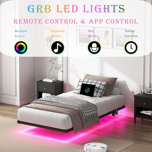 YORMDMO Floating Bed Frame Twin Size, Heavy Duty Bedframe with Smart LED Lights & Charging Station, Modern Metal Platform Bed, Easy Assembly No Box Spring Needed, 8 Inch YORMDMO