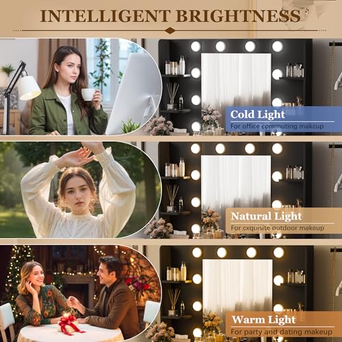 Furmax Make up Vanity Desk with Mirror and Power Outlet, Vanity with 3 Color Light Options Adjustable Brightness,Vanity Desk with 2 Drawers, 6 Storage Shelves (Black, with Bench) Furmax