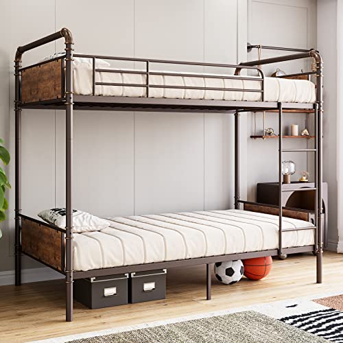 GAOMON Bunk Bed Twin Over Twin,Metal Bunkbeds with Ladders & 16.6" Safety Guardrail,Twin Bunk Beds for Kids,Adults and Small Spaces,No Box Spring Needed,Brown GAOMON
