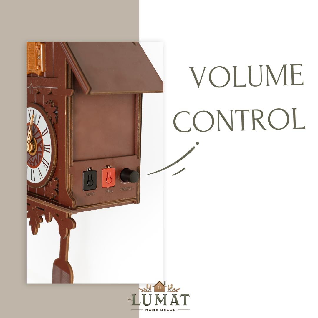 Lumat Cuckoo Clock - Modern Brown Cuckoo Clocks for Wall - Natural melodies - Volume Control - Night Mode - Perfect for Adults, Kids and Families - Battery Powered Lumat