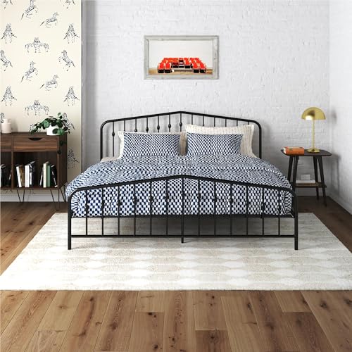 Novogratz Bushwick Modern Metal Bed, Slightly Triangular Headboard and Footboard with Inset Spindles, Adjustable Base Height for Underbed Storage, Requires No Box Spring, King Size - Black Novogratz