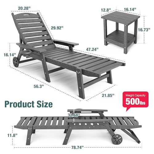 Pamapic 500 LBS Lounge Chair with Coffee Table Set of 2, Wide Armrest Oversized Chaise Lounge Chair with Wheel, 4 Positions Chaise Lounge with Cup Holder, Outdoor Lounge Chairs for Poolsdie, Grey