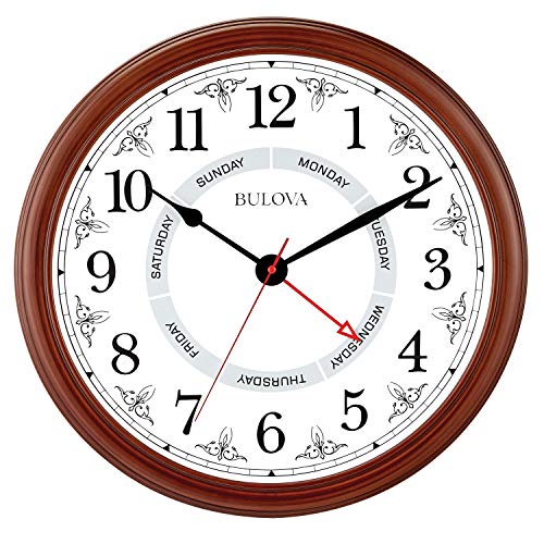 Bulova Daily Wall Clock, Model C4804 | Brown Cherry Finish | Modern Design | Large Easy-to-Read Numerals | Quartz Movement | Battery Operated Bulova