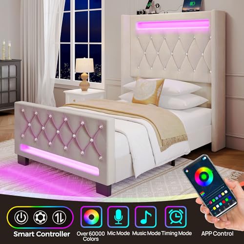 Rolanstar Twin Bed Frame with LED Light and Charging Station, Upholstered High Headboard and Footboard, Wood Slats, Noise Free, Easy Assembly, Beige Rolanstar