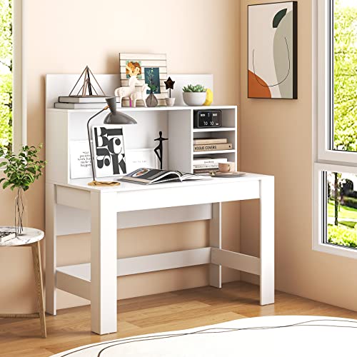 Giantex White Desk with Hutch, Home Office Desk with Bookshelf, Computer Workstation PC Laptop Table with Anti-Toppling Device & Cable Hole, Modern Study Writing Desk for Small Spaces, Bedroom Giantex