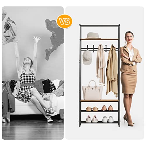 IDEALHOUSE Coat Rack Shoe Bench with 5 Hooks, Hall Trees Entryway Bench with Storage, Multifunctional Hallway Organizer, Wood Look Accent Furniture with Metal Frame for Entryway, Living Room, Bedroom IDEALHOUSE