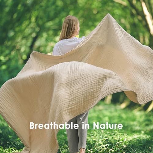 EMME Cotton Bed Blanket Twin Size Soft Muslin Boho Bedding Lightweight Breathable Light Tan Twin Blanket All Season Gauze EMME